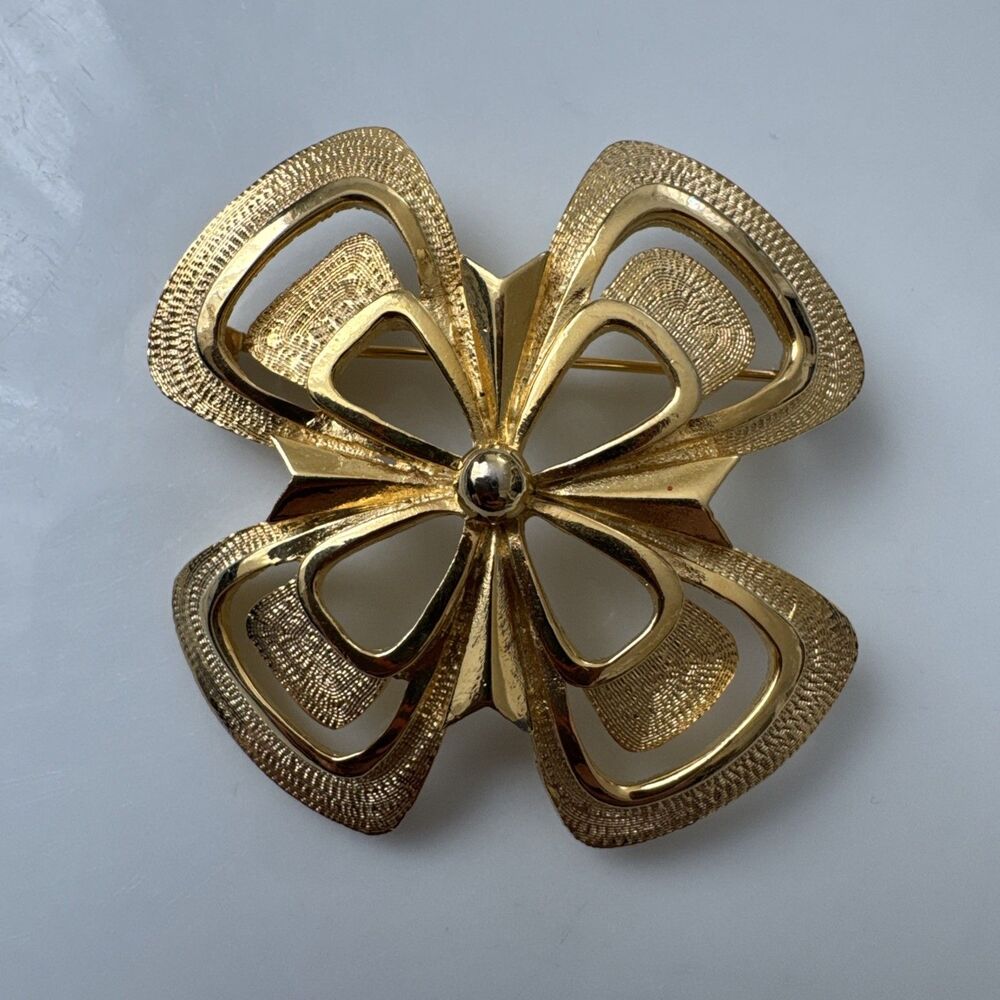 Vintage Gold Tone Abstract Bow Flower Brooch Statement Costume Jewelry
